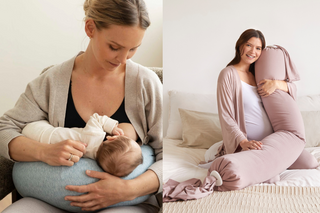 Two images showing a woman breastfeeding a baby using a nursing pillow and a woman sitting on a bed with a pink nursing pillow.