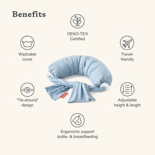 bbhugme nursing pillow with benefits listed on a white background
