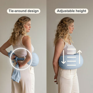 Woman using a bbhugme nursing pillow tie-around design product with adjustable height feature.