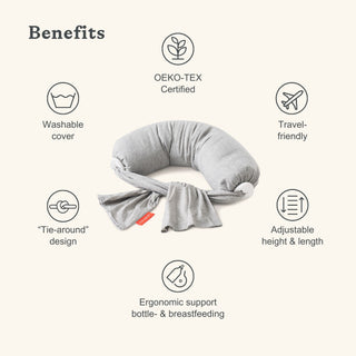 bbhugme nursing pillow with benefits listed on a white background