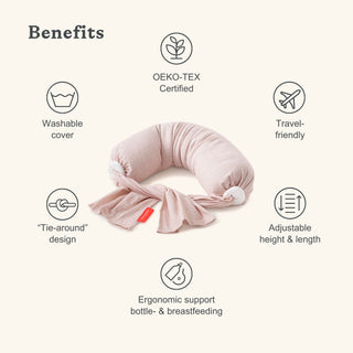 bbhugme nursing pillow with benefits listed on a white background