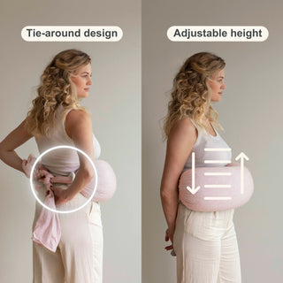 Woman using a bbhugme nursing pillow tie-around design product with adjustable height feature.