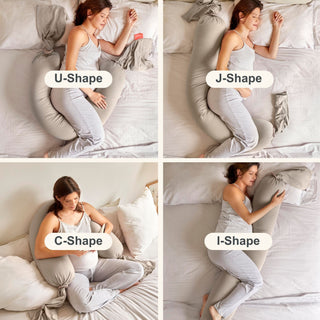 Four different shapes using bbhugme pregnancy pillows being used by a woman in various positions on a bed.